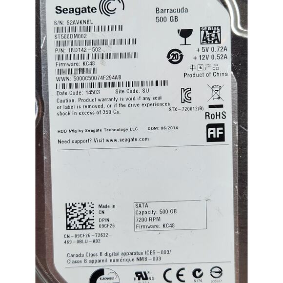 Lot of 5 Seagate Barracuda 500GB 7200RPM 3.5" SATA Hard Drives ST500DM002 AHD - Picture 2 of 3